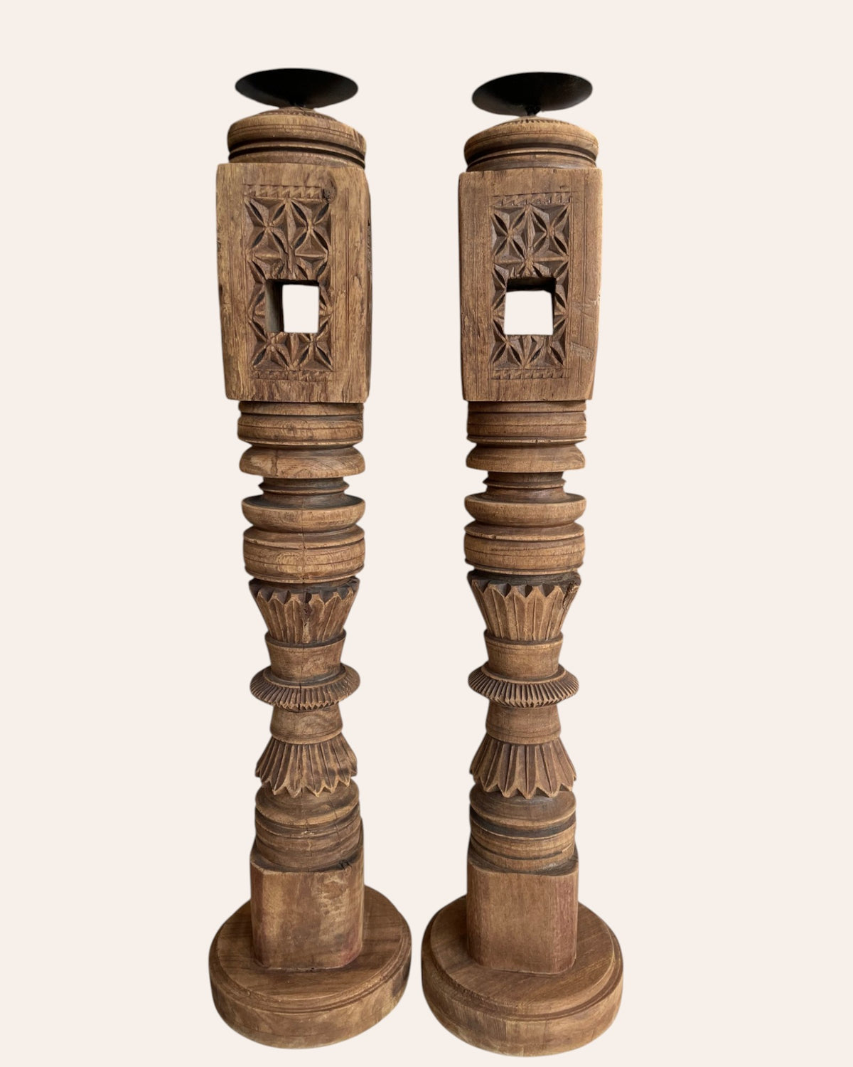 vintage carved charpai leg candle stand / statue holder / planter – set of 2