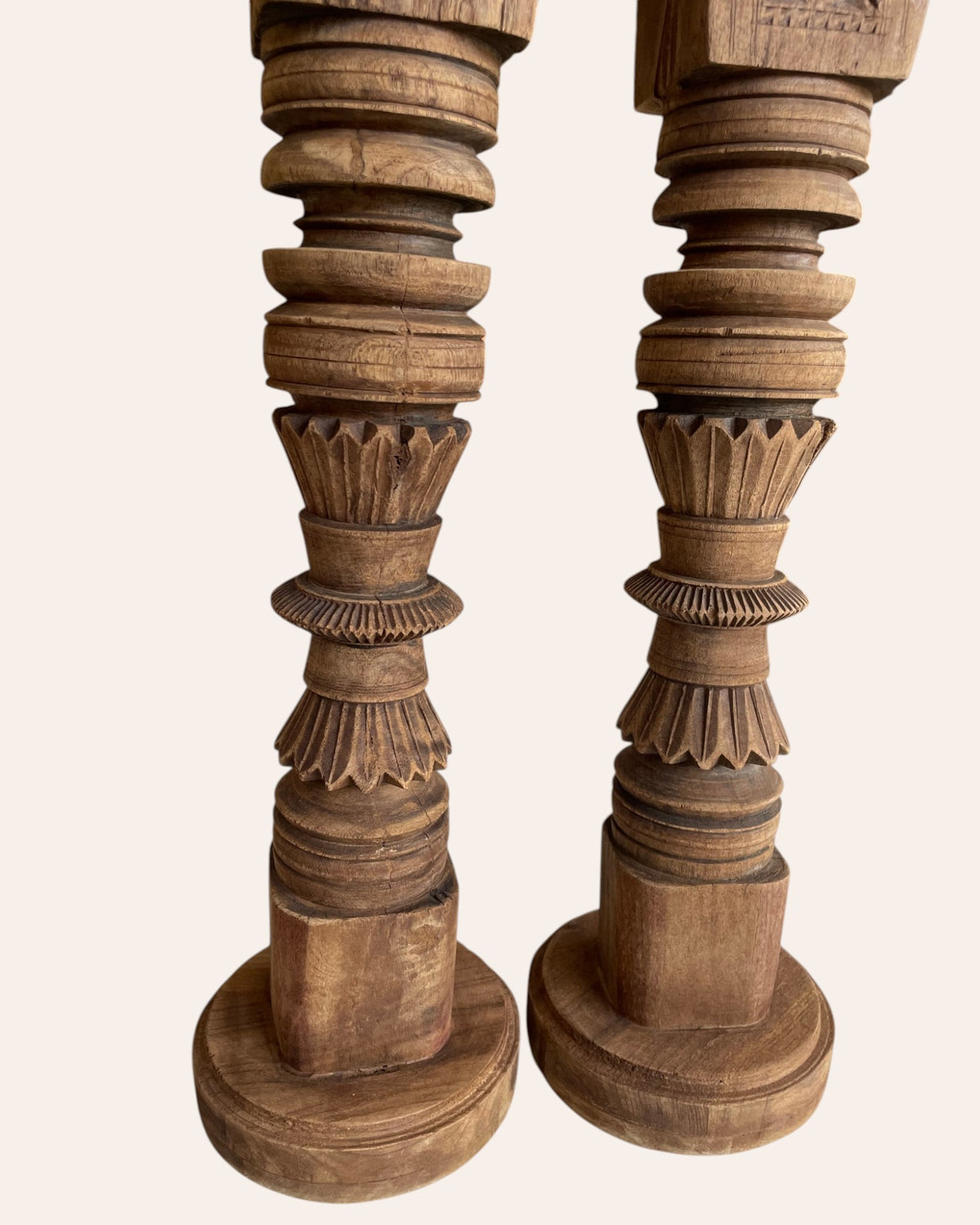 vintage carved charpai leg candle stand / statue holder / planter – set of 2