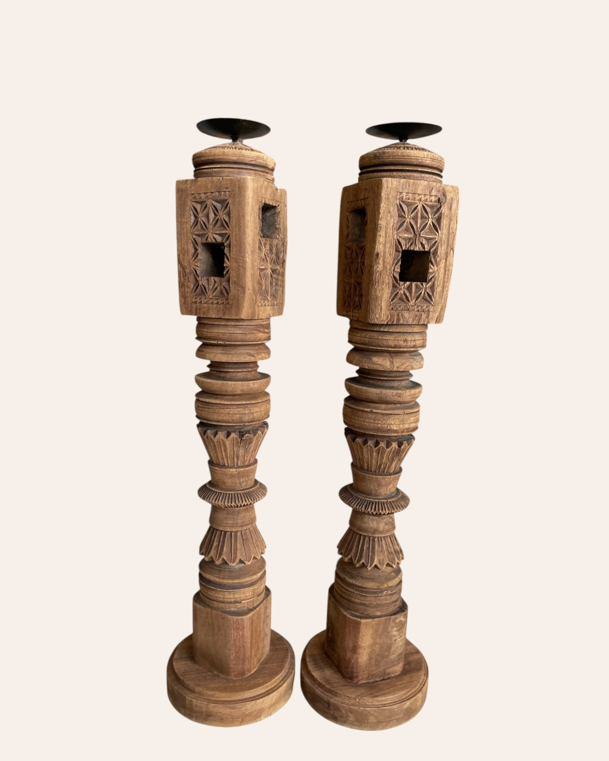 vintage carved charpai leg candle stand / statue holder / planter – set of 2