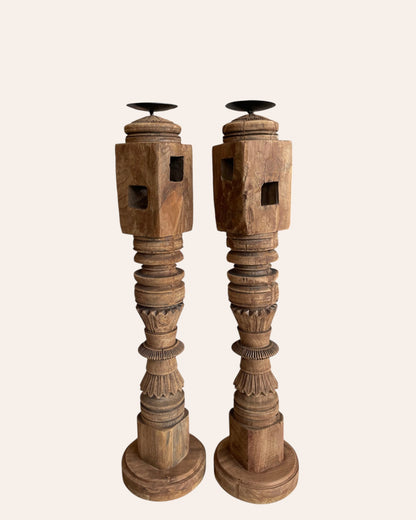Vintage Carved Charpai Leg Candle Stand / Statue Holder / Planter – Set of 2