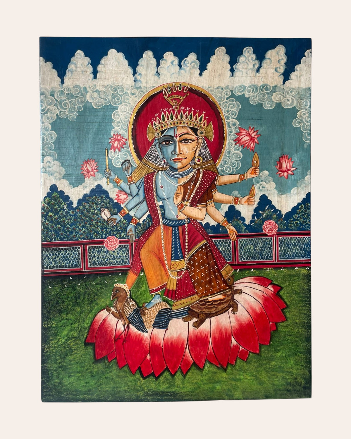hand-painted lord vishnu & goddess lakshmi on lotus wall art