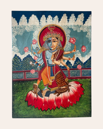 Hand-Painted Lord Vishnu & Goddess Lakshmi on Lotus Wall Art