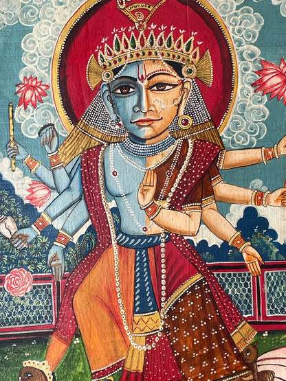 Hand-Painted Lord Vishnu & Goddess Lakshmi on Lotus Wall Art