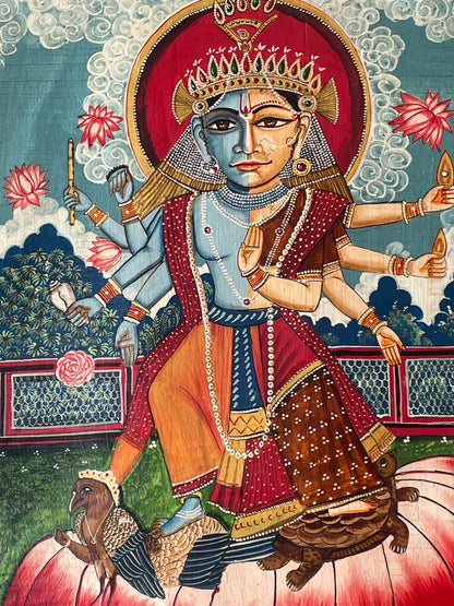 Hand-Painted Lord Vishnu & Goddess Lakshmi on Lotus Wall Art