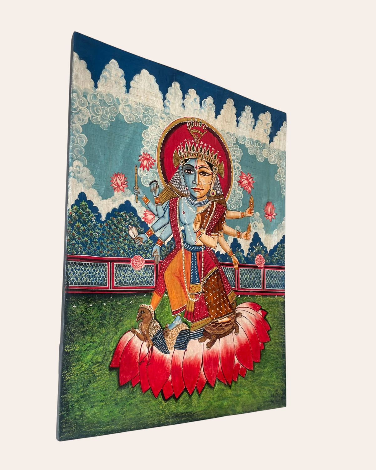 hand-painted lord vishnu & goddess lakshmi on lotus wall art