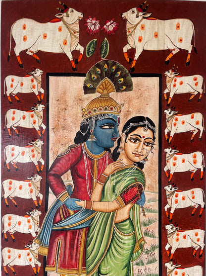 Hand-Painted Radha Krishna Traditional Wooden Wall Decor Panel