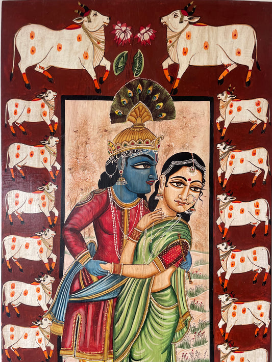 Hand-Painted Radha Krishna Traditional Wooden Wall Decor Panel