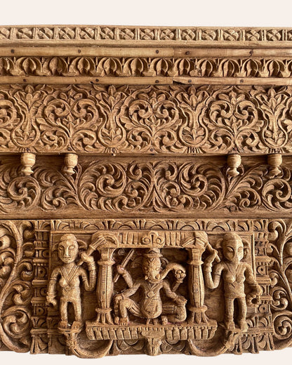 Vintage Hand-Carved Floral & Ganesha Wooden Wall Panel - Set of 2