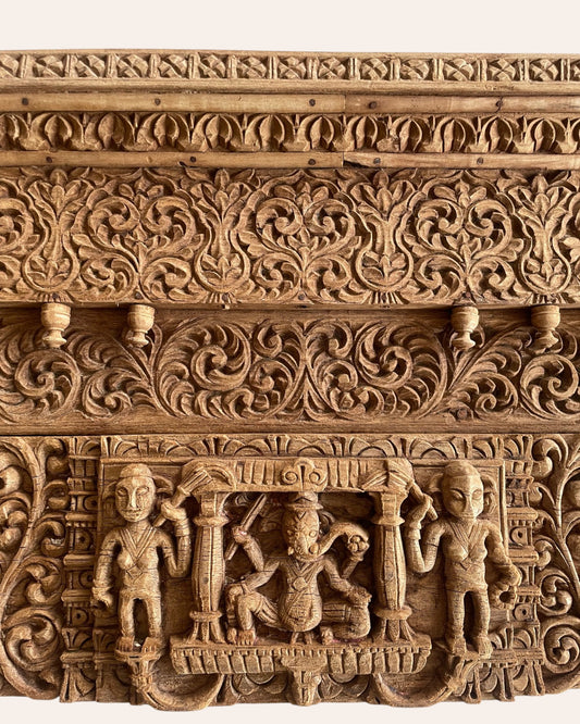 Vintage Hand-Carved Floral & Ganesha Wooden Wall Panel - Set of 2