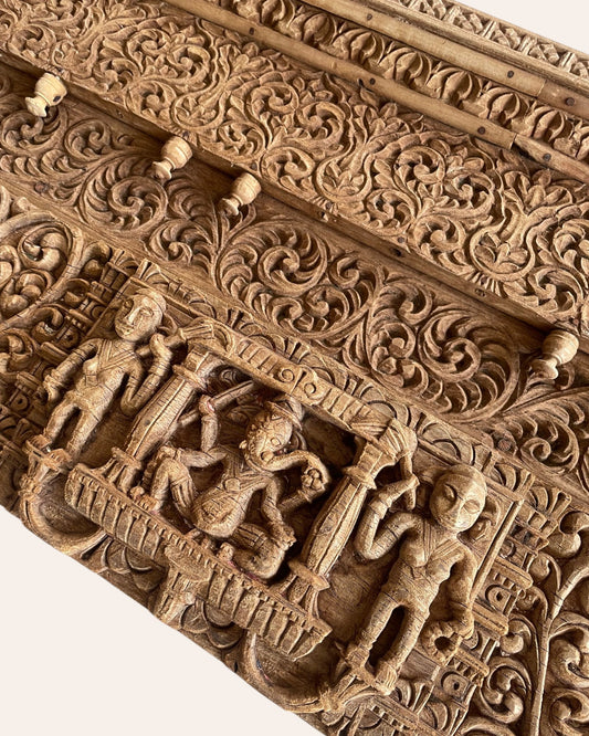 Vintage Hand-Carved Floral & Ganesha Wooden Wall Panel - Set of 2