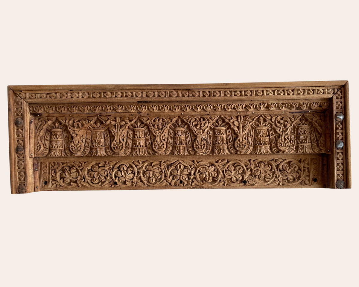 antique hand-carved floral & architectural wooden wall decor panel