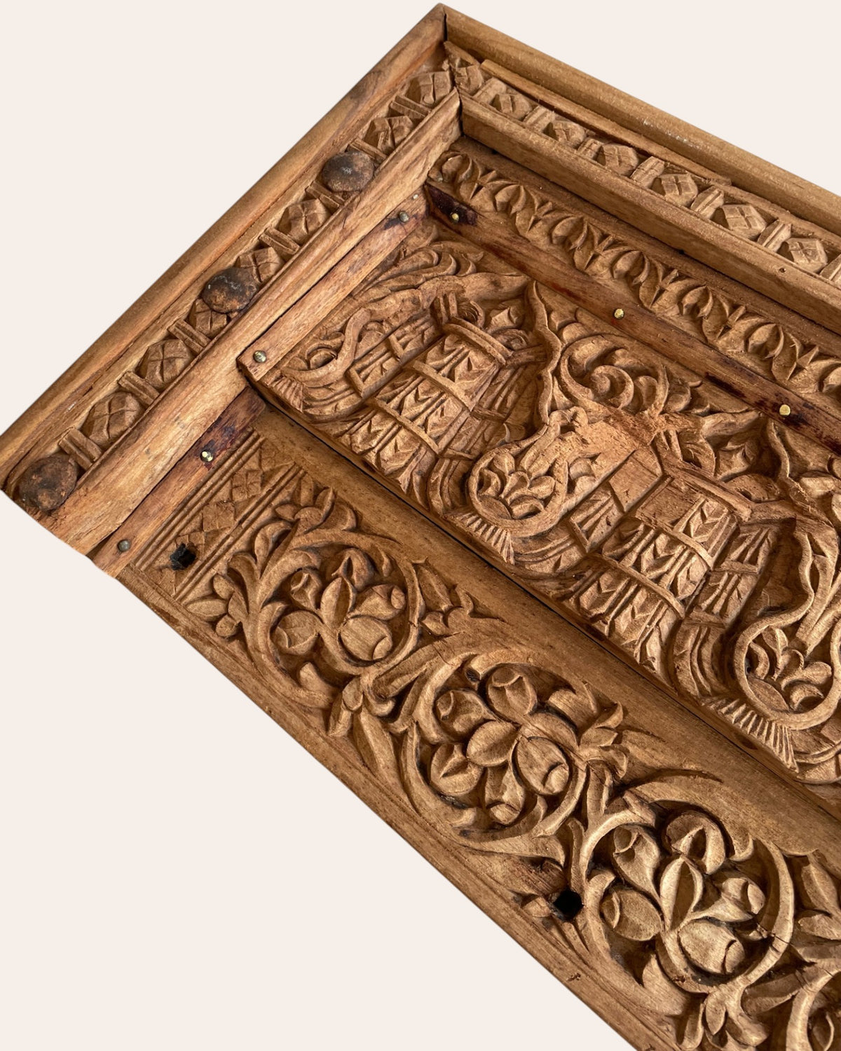 antique hand-carved floral & architectural wooden wall decor panel