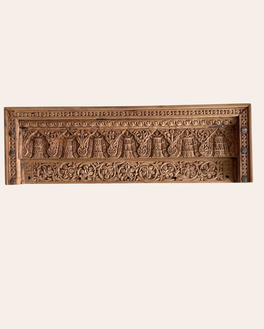 Antique Hand-Carved Floral & Architectural Wooden Wall Decor Panel
