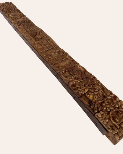 Vintage Hand-Carved Floral & Ornamental Architectural Wooden Wall Panel with Old Iron Strip