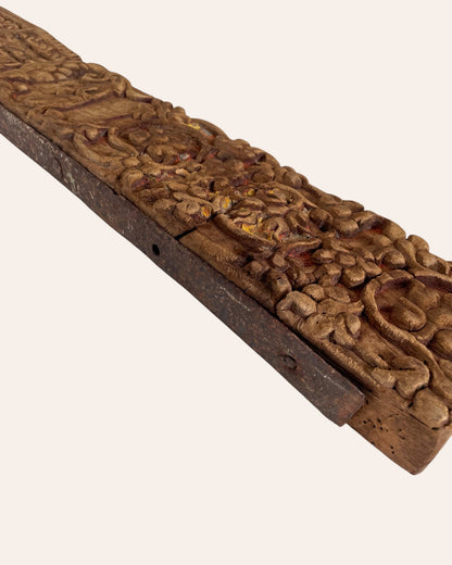 Vintage Hand-Carved Floral & Ornamental Architectural Wooden Wall Panel with Old Iron Strip