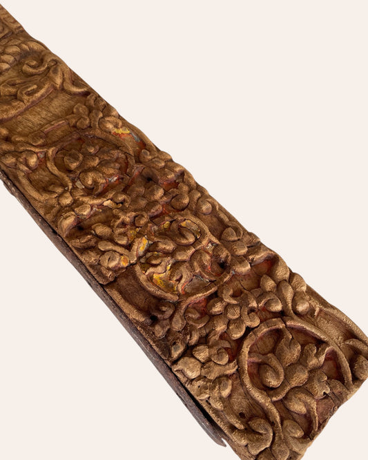 Vintage Hand-Carved Floral & Ornamental Architectural Wooden Wall Panel with Old Iron Strip