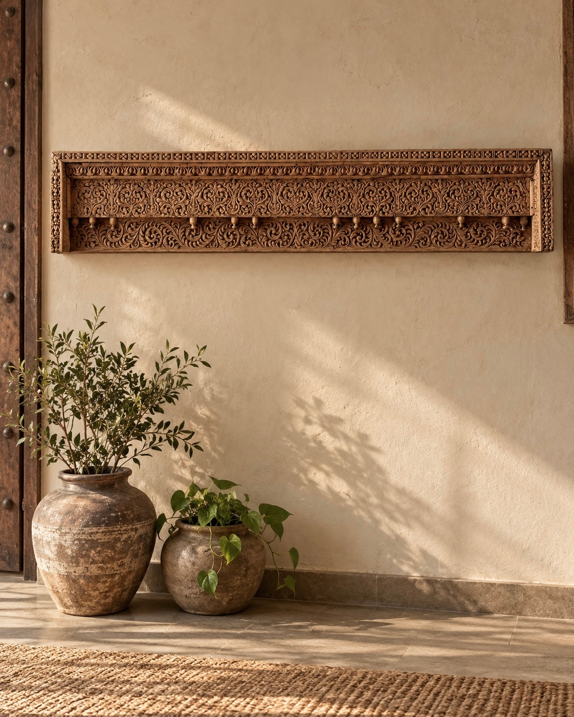 vintage hand-carved floral wooden wall panel