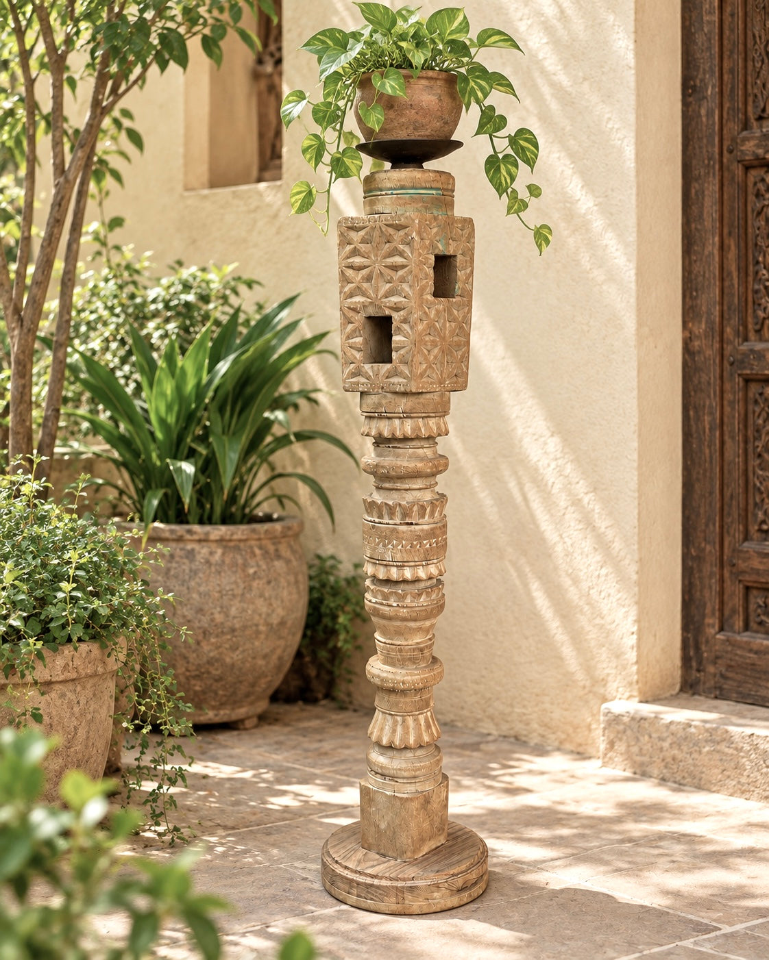 vintage hand-carved wooden charpai leg candle stand – bleach finish