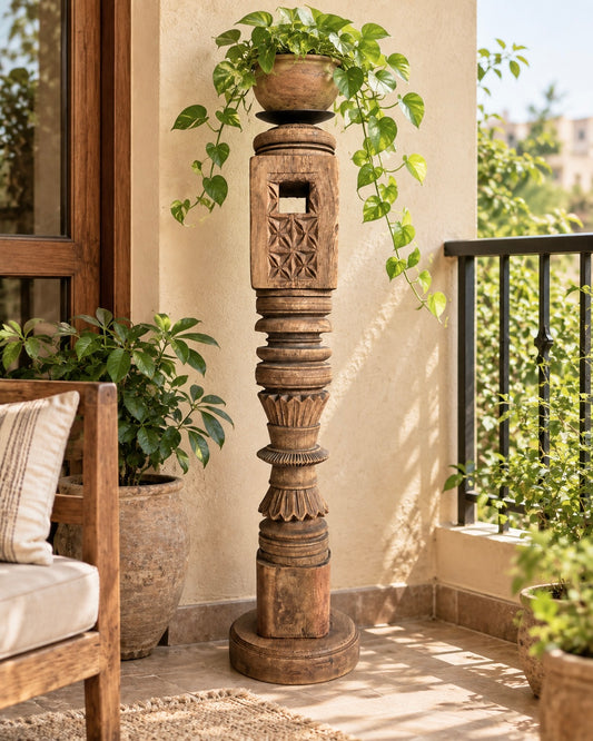 Vintage Hand-Carved Wooden Charpai Leg Stand – Plant & Statue Holder
