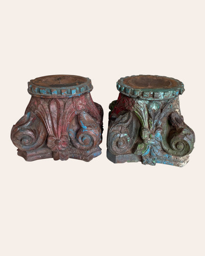 Vintage Hand-Carved Wooden Pillar Base Candle Holders / Plant Holders – Set of 2
