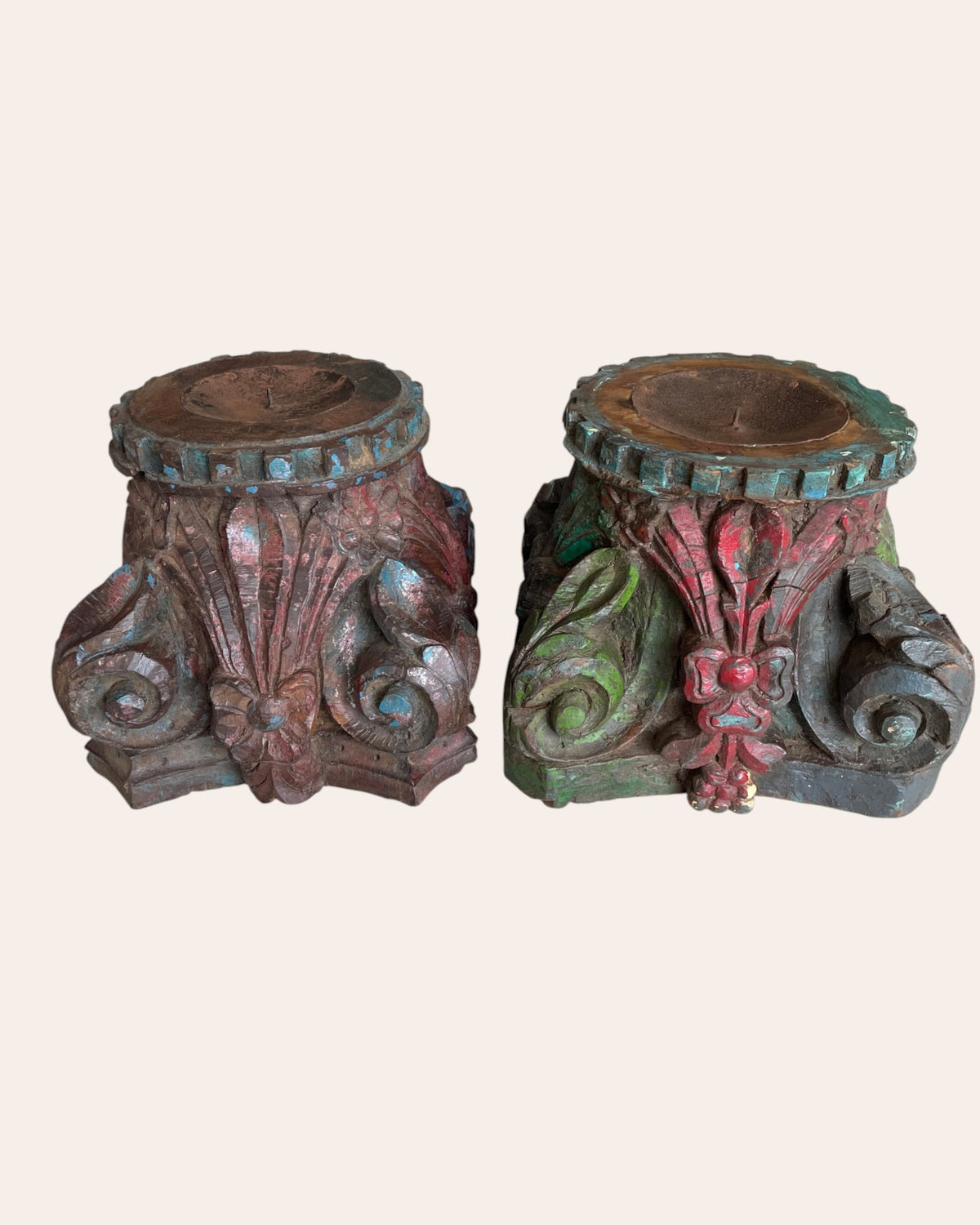 vintage hand-carved wooden pillar base candle holders / plant holders – set of 2