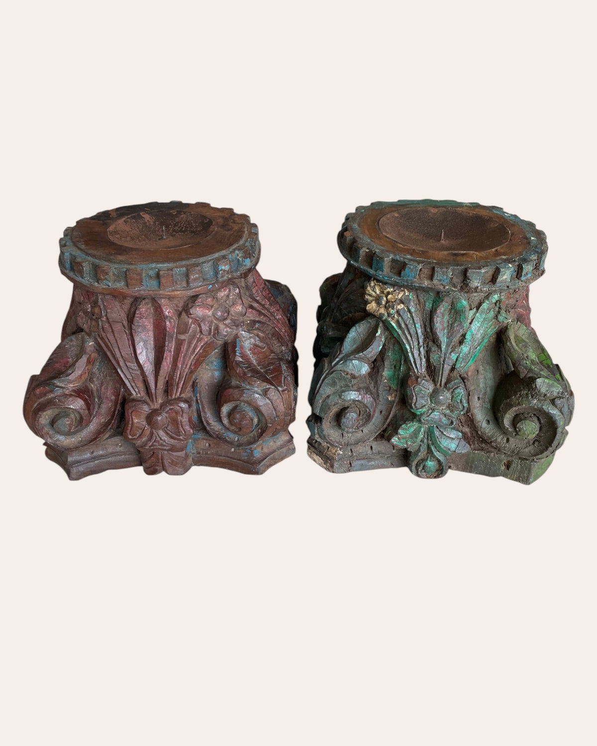 vintage hand-carved wooden pillar base candle holders / plant holders – set of 2