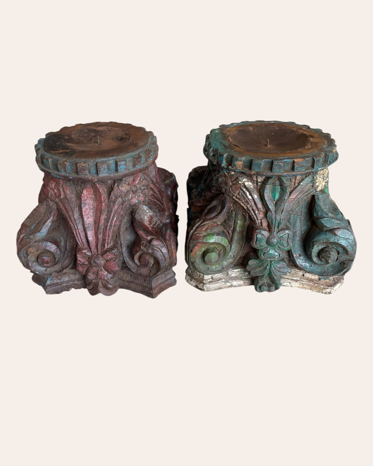 vintage hand-carved wooden pillar base candle holders / plant holders – set of 2