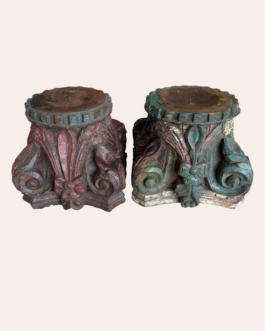 Vintage Hand-Carved Wooden Pillar Base Candle Holders / Plant Holders – Set of 2