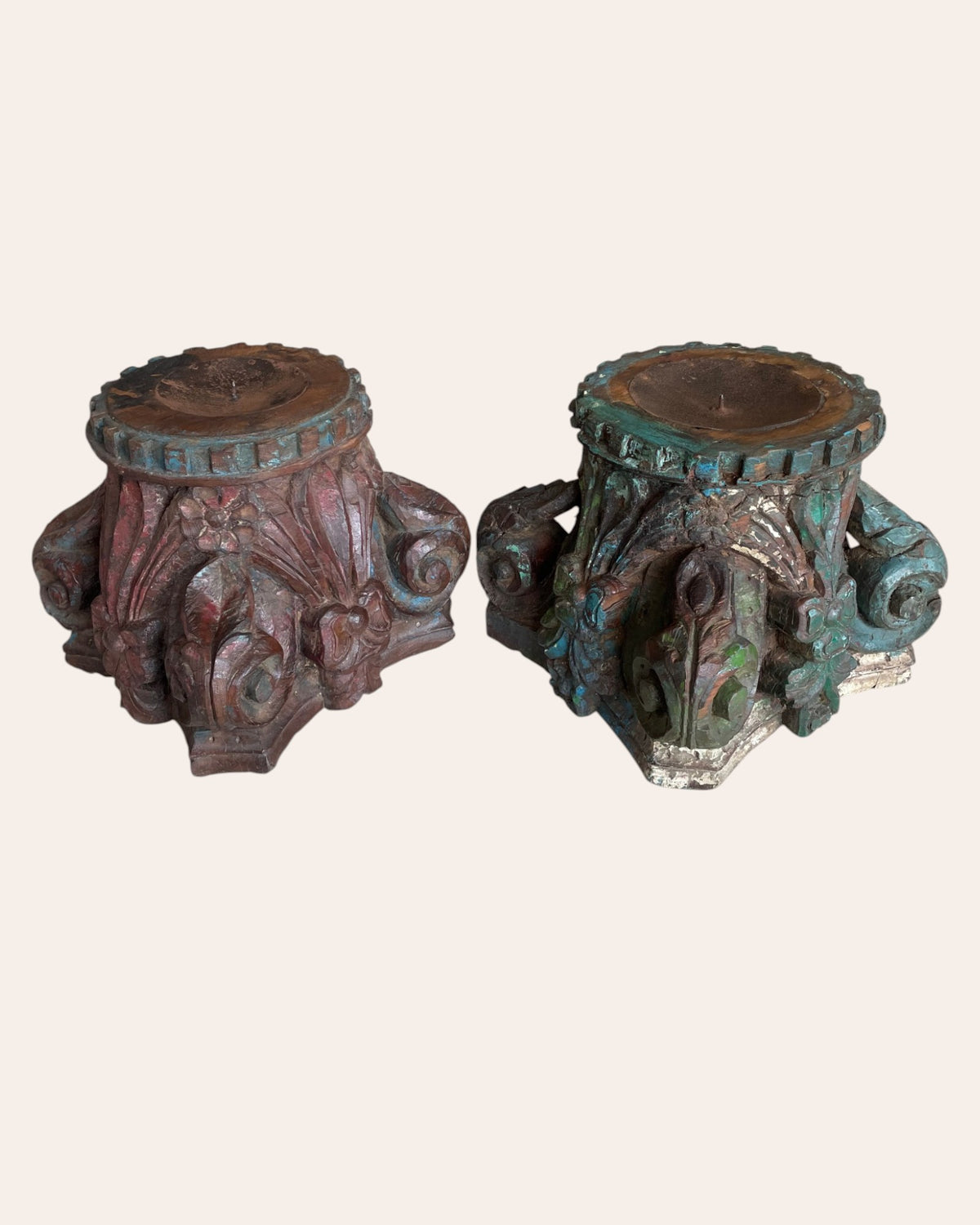 vintage hand-carved wooden pillar base candle holders / plant holders – set of 2