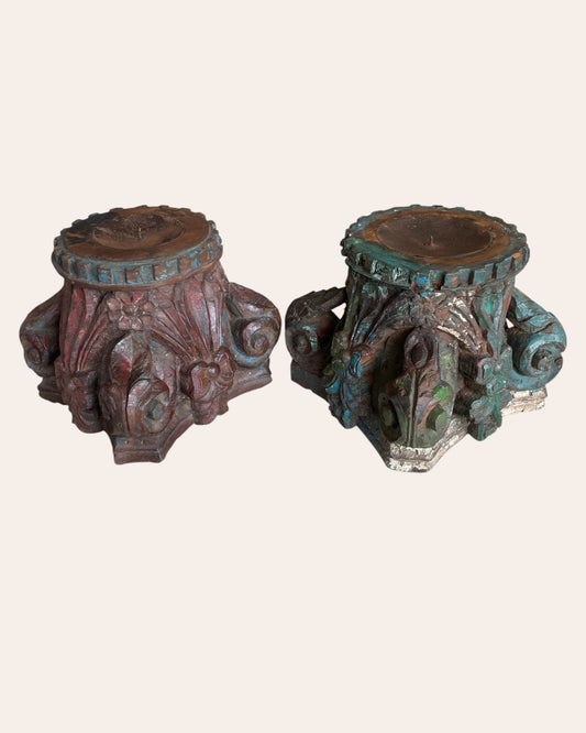 Vintage Hand-Carved Wooden Pillar Base Candle Holders / Plant Holders – Set of 2