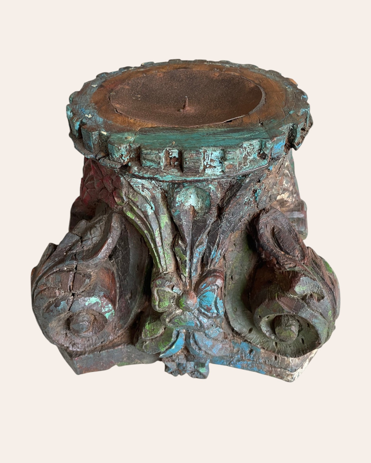 vintage hand-carved wooden pillar base candle holders / plant holders – set of 2