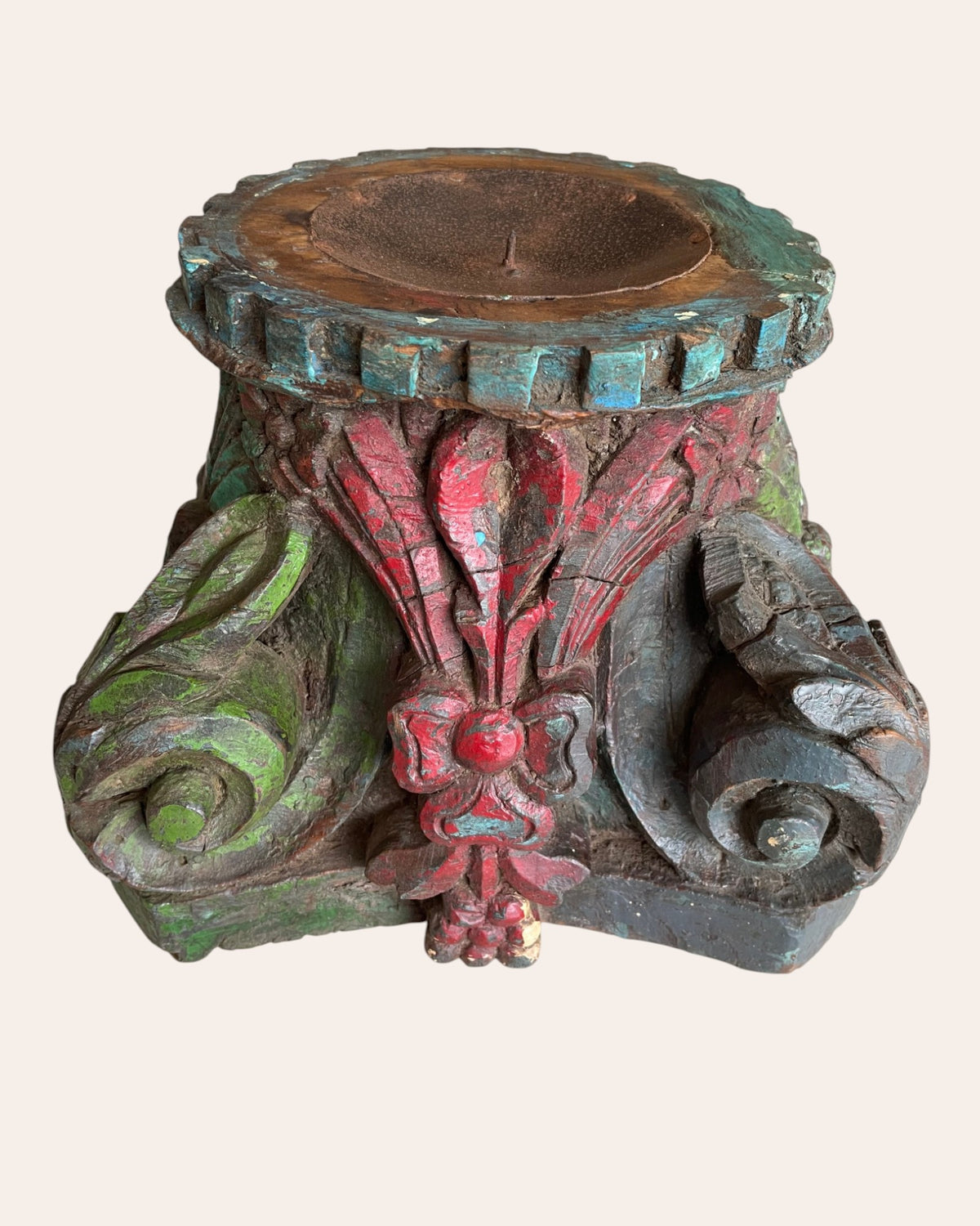 vintage hand-carved wooden pillar base candle holders / plant holders – set of 2