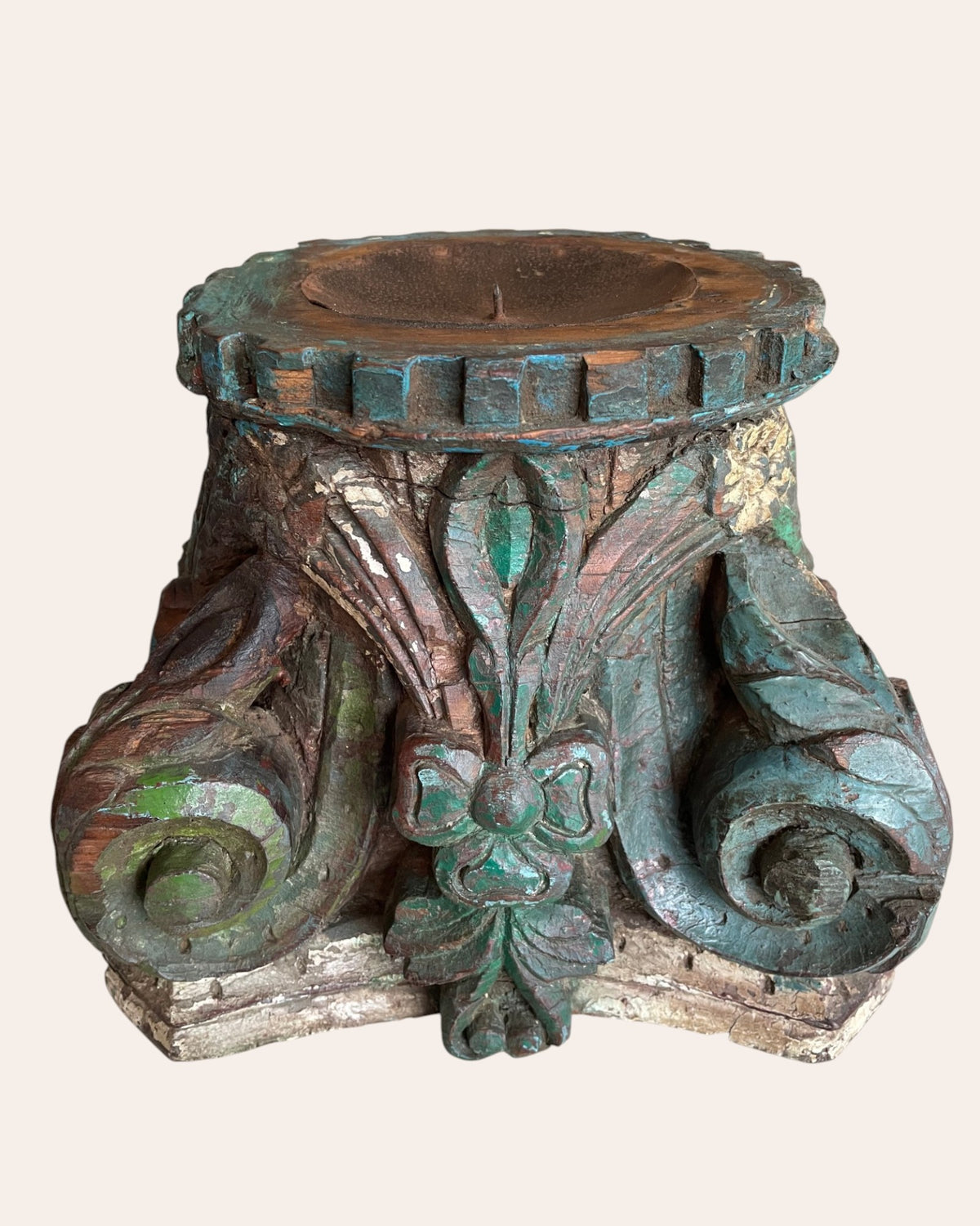 vintage hand-carved wooden pillar base candle holders / plant holders – set of 2