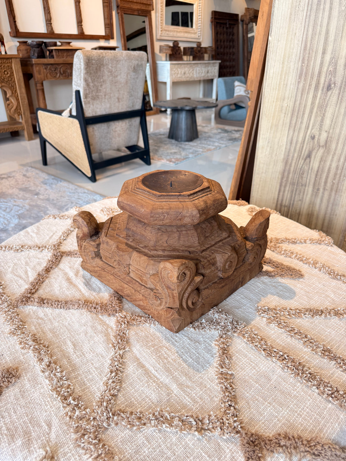 hand-carved gujarat pillar base candle stand