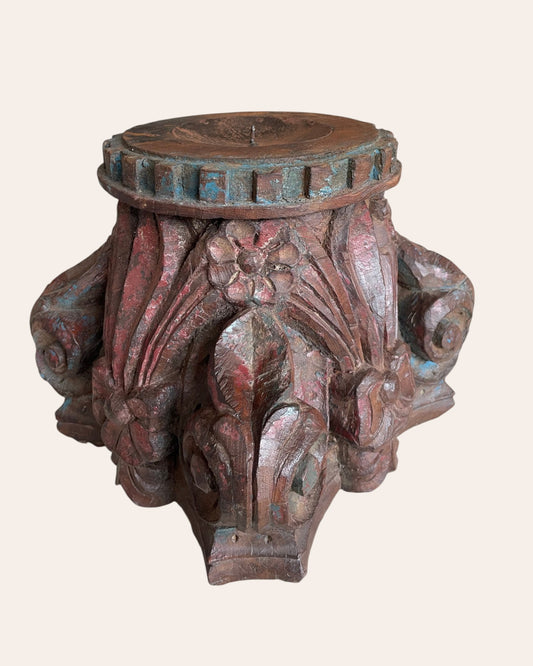 Vintage Hand-Carved Wooden Pillar Base Candle Holders / Plant Holders – Set of 2