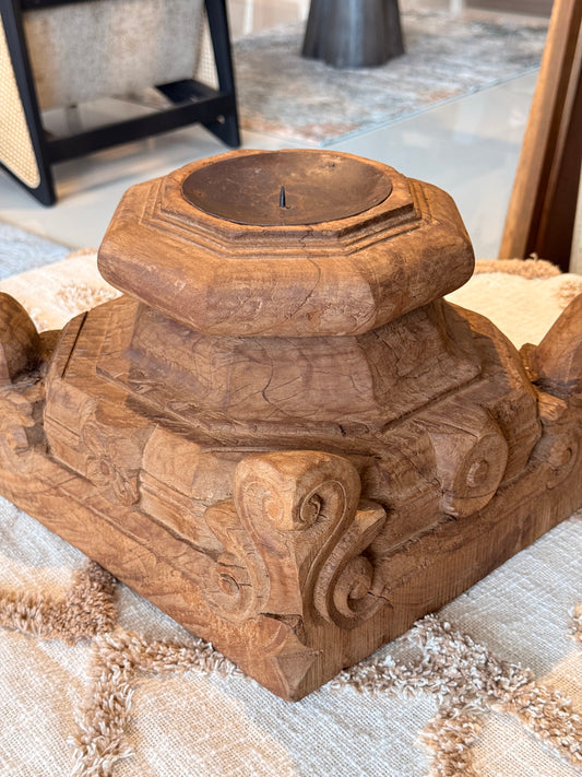 Hand-Carved Gujarat Pillar Base Candle Stand