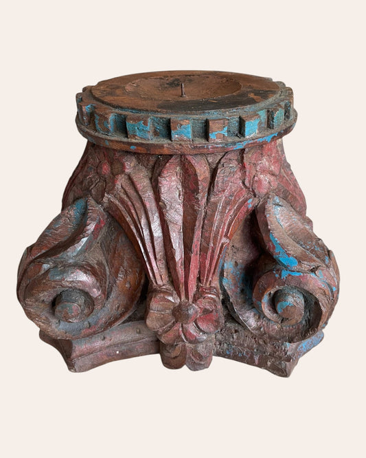 Vintage Hand-Carved Wooden Pillar Base Candle Holders / Plant Holders – Set of 2