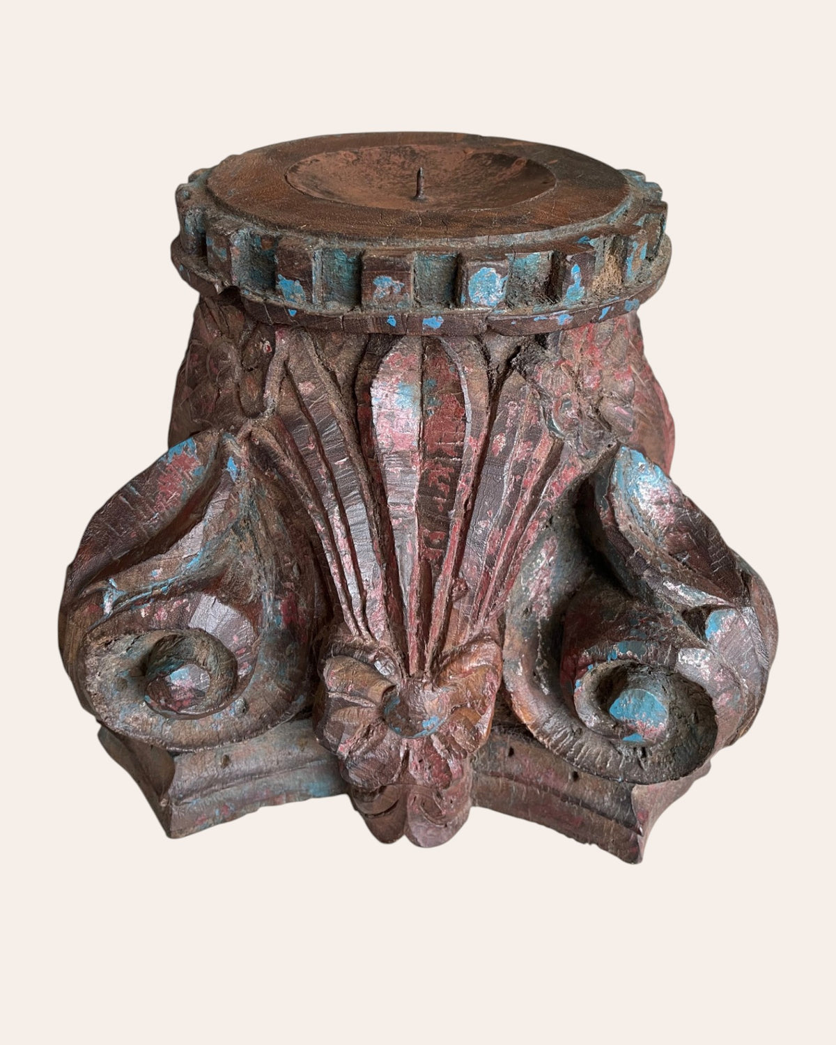 vintage hand-carved wooden pillar base candle holders / plant holders – set of 2