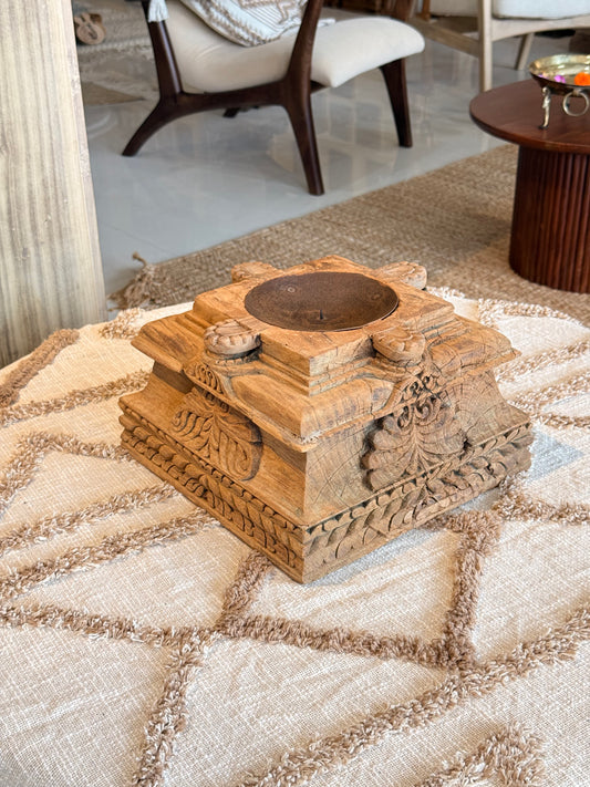 Vintage Gujarat Hand-Carved Wooden Pillar Base Candle Holder