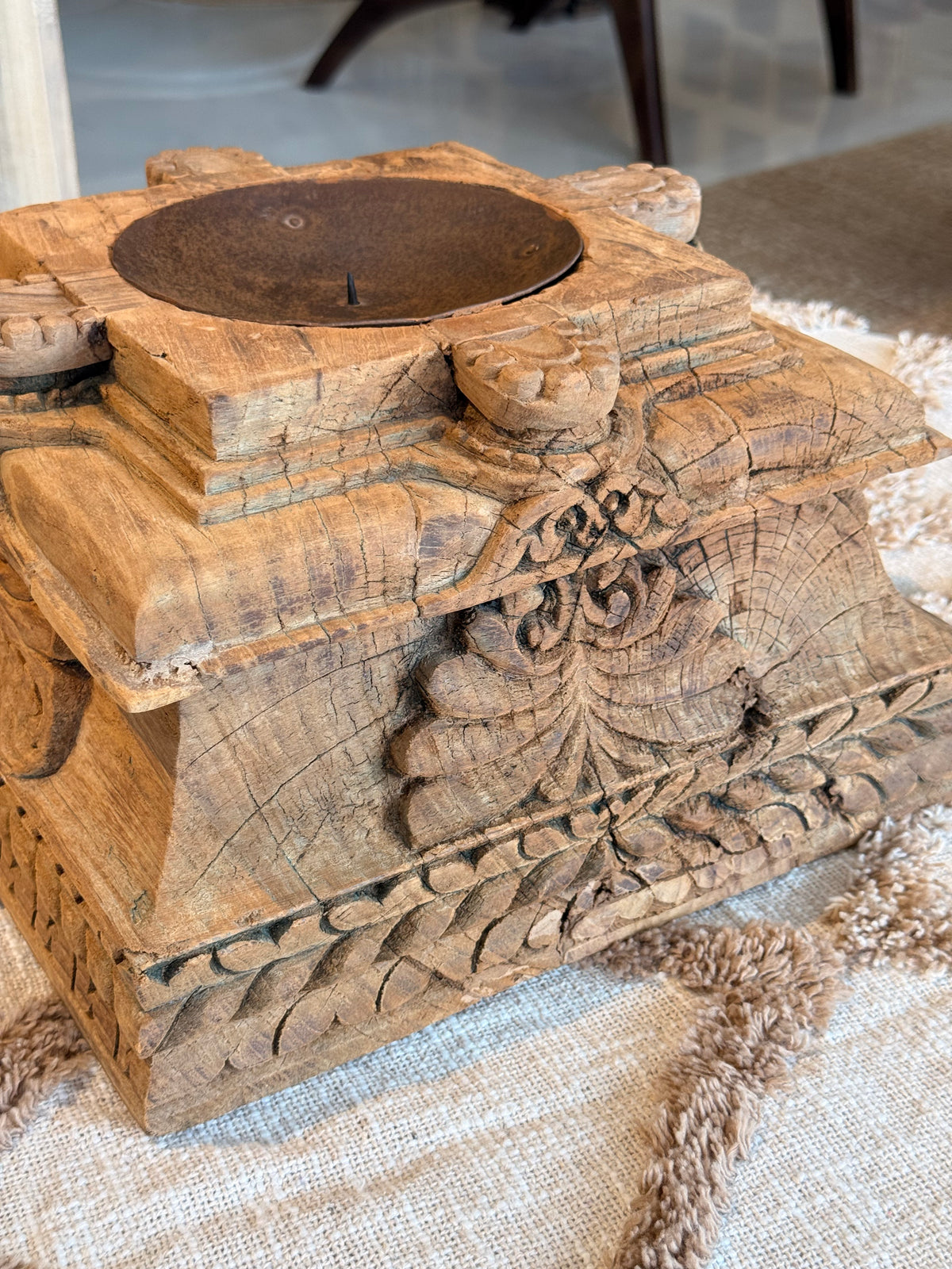 vintage gujarat hand-carved wooden pillar base candle holder