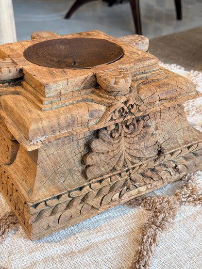 Vintage Gujarat Hand-Carved Wooden Pillar Base Candle Holder
