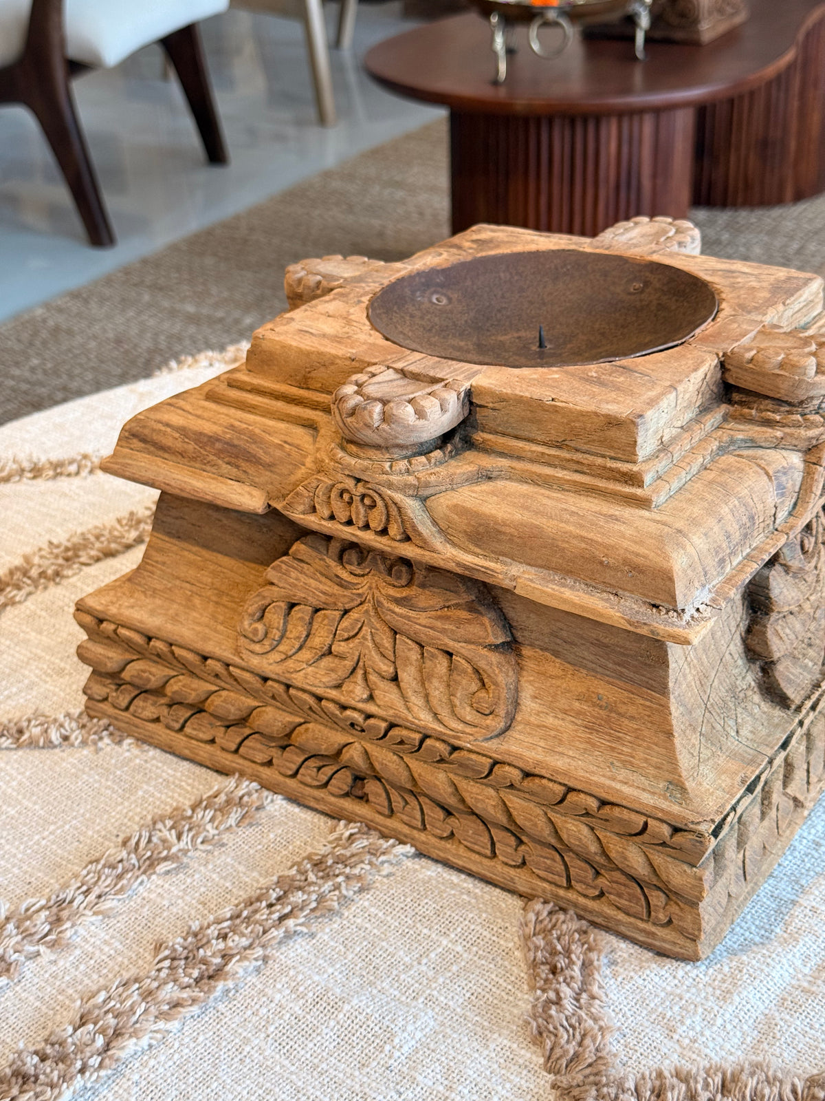 vintage gujarat hand-carved wooden pillar base candle holder