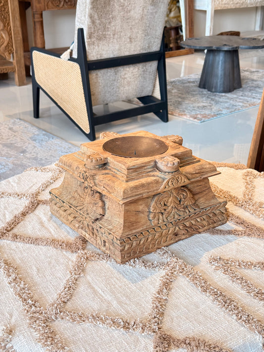 Vintage Gujarat Hand-Carved Wooden Pillar Base Candle Holder