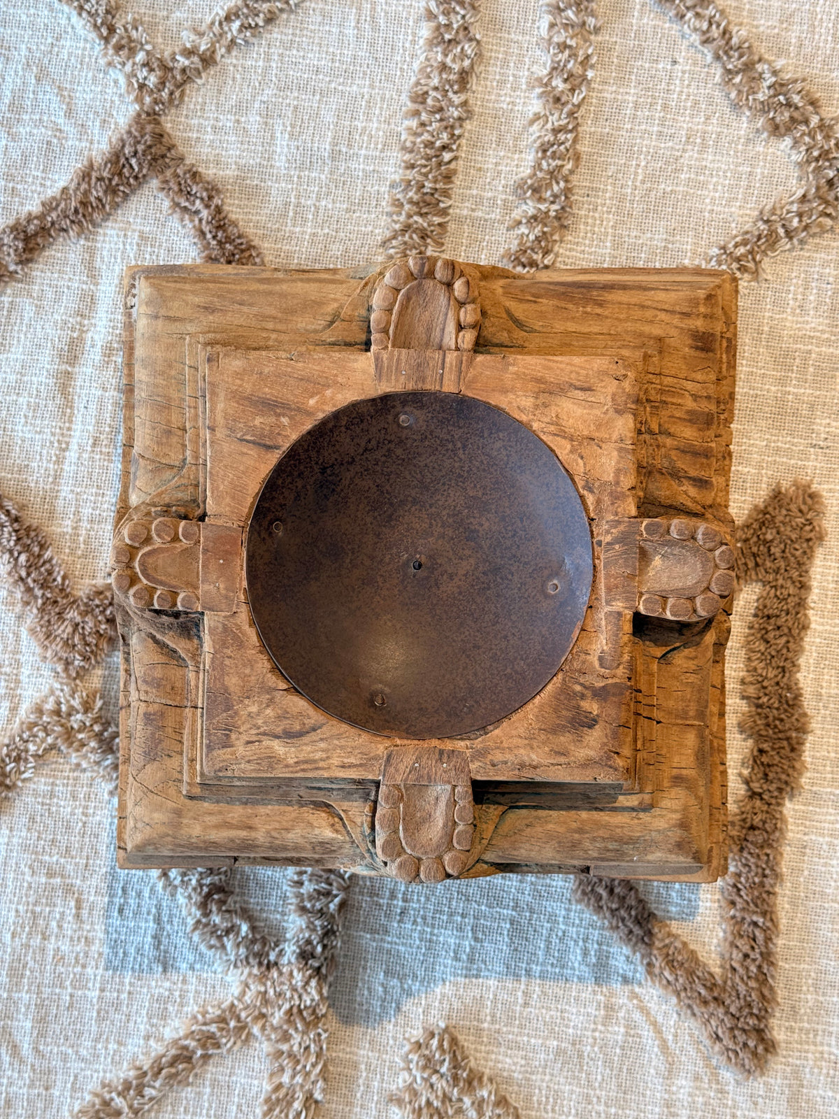 vintage gujarat hand-carved wooden pillar base candle holder