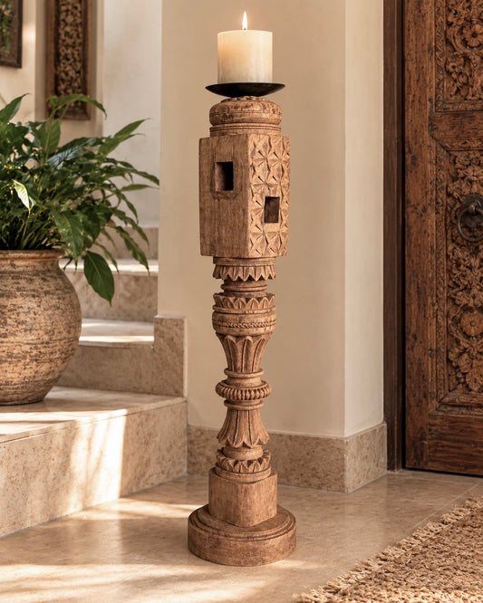 Vintage Carved Wooden Charpai Leg Candle Stand / Statue Holder / Plant Holder - Natural Finish