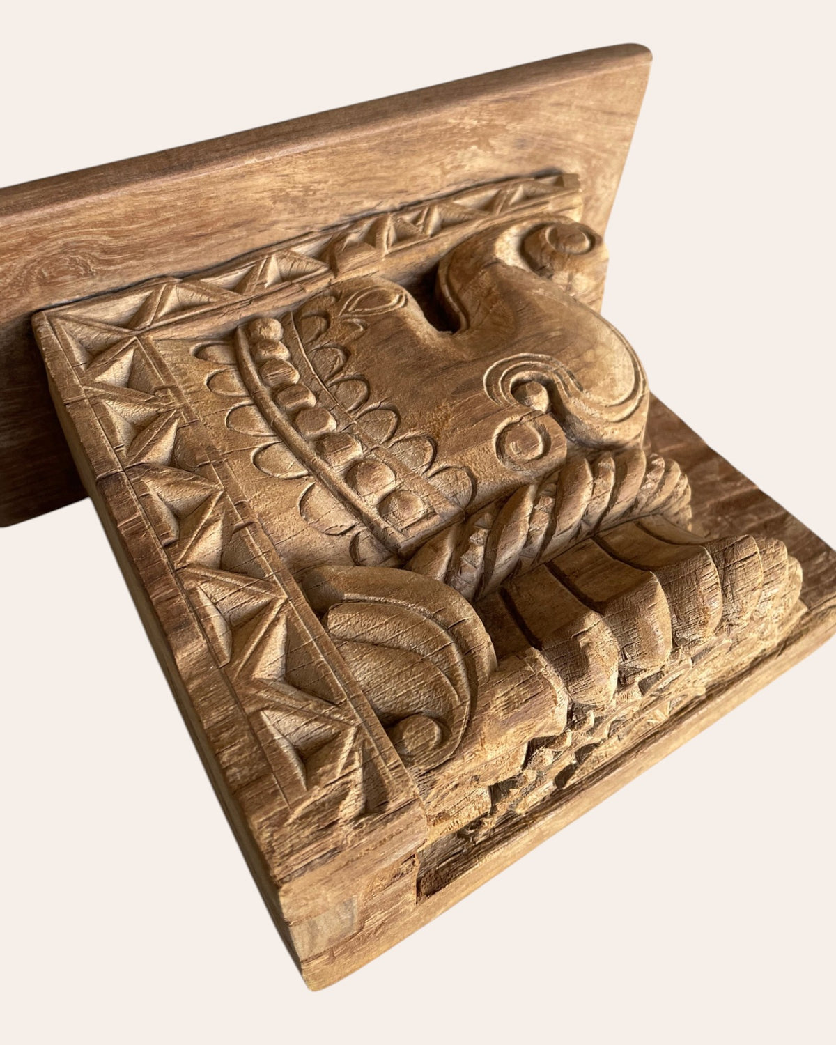 vintage hand-carved wooden elephant motif wall shelf