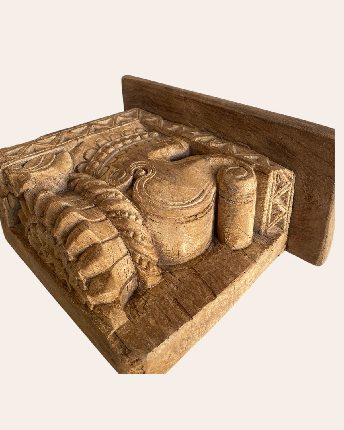 vintage hand-carved wooden elephant motif wall shelf