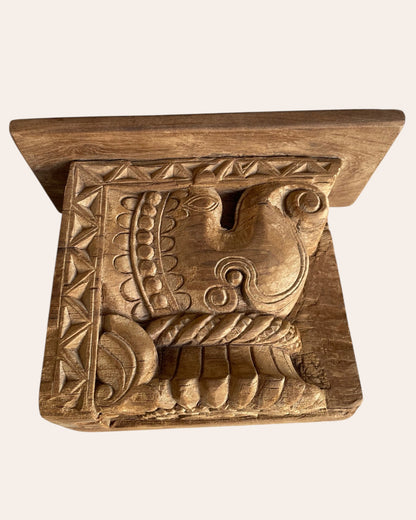 Vintage Hand-Carved Wooden Elephant Motif Wall Shelf