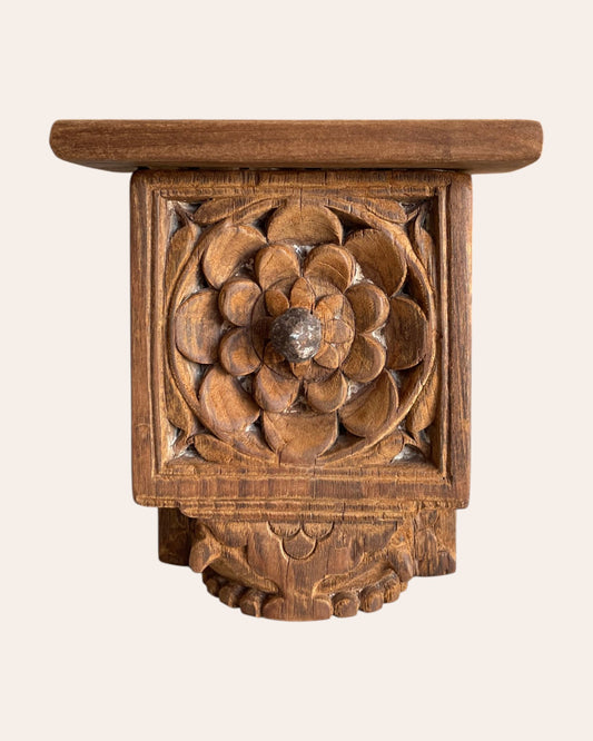 Old Hand-Carved Floral Wooden Wall Shelf With Iron Nail