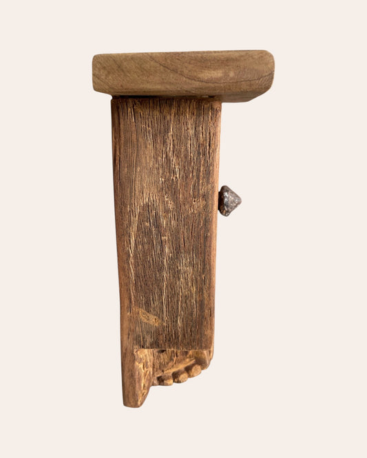 Old Hand-Carved Floral Wooden Wall Shelf With Iron Nail